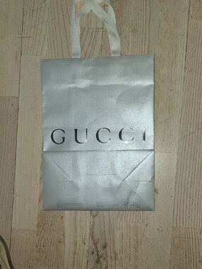 Gucci Metallic Grey Shopping Bag with Silver Logo Plus Tags Envelopes,& Co. Warr